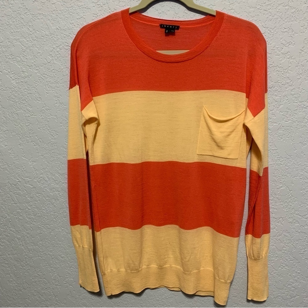 Theory Stripe Lightweight Wool Long Sleeves Pocket Sweater